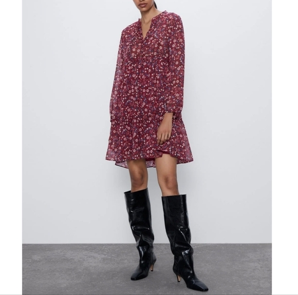 Zara Dresses & Skirts - Zara‎ Red Floral V-Neck Long Sleeve Semi Sheer Tiered Mini Babydoll Dress XL